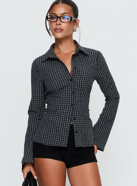 Eryx Tie Back Button Up Top Black Check