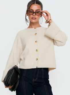 front view of model wearing Princess Polly Shinead Cuffed Knit Cardigan White Cropped Jumpers 