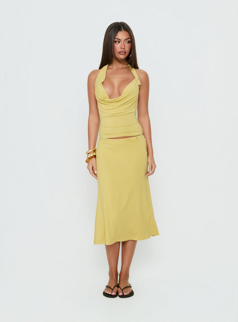 Featuring the Esperia Button Midi Skirt Green in womens-skirts with fitted aline silhouette product Princess Polly