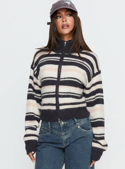 front view of model wearing Princess Polly Tetra Zip Through Knit Sweater Pink Stripe 