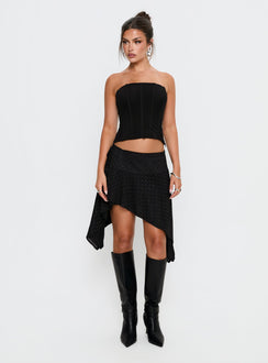   front view of model wearing Princess Polly Hevenna Asymmetrical Plisse Mini Skirt Black Diamante Mini Skirts 