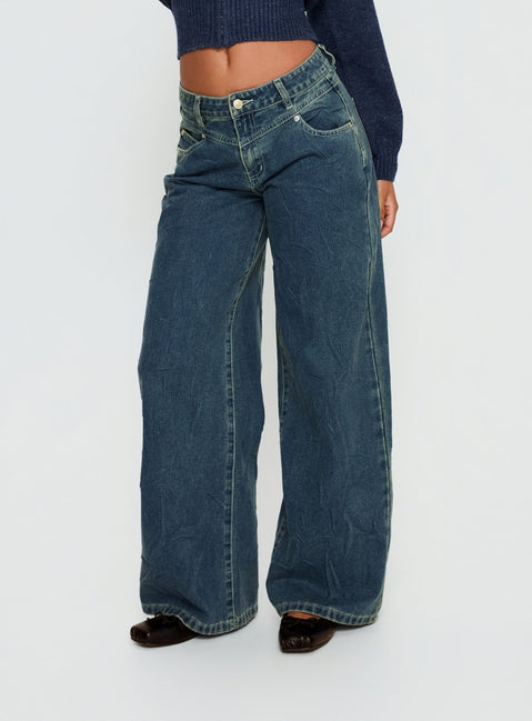 side view of model wearing Princess Polly Shanna Relaxed Low Rise Jeans Acid Raw Wash Mid Rise Jeans 