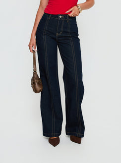 front view of model wearing Princess Polly Cadance High Rise Straight Leg Jeans Indigo High Rise Jeans 