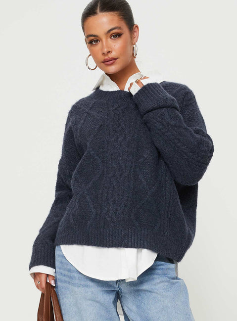 front view of model wearing Princess Polly Canlish Cable Knit Sweater Navy Cropped Jumpers Jumpers 