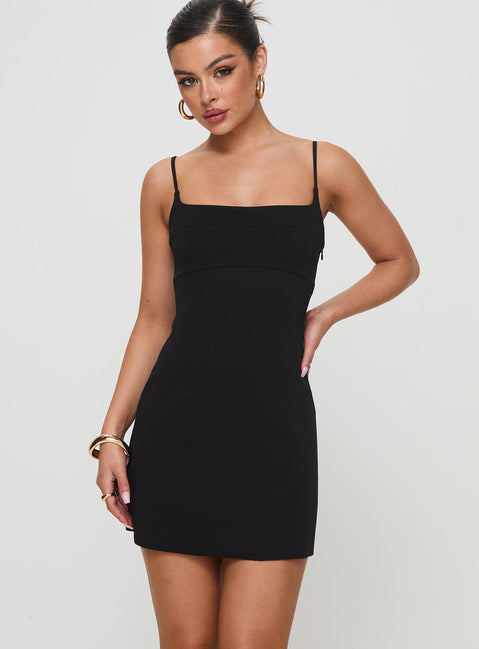 front view of model wearing Princess Polly Rousselet Mini Dress Black Square Neck 