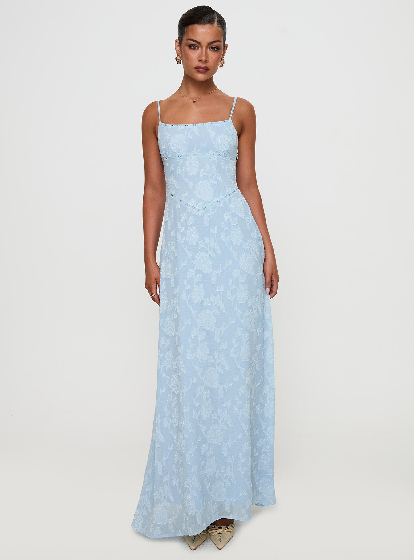 front view of model wearing Princess Polly South Of France Maxi Dress Blue Square Neck 