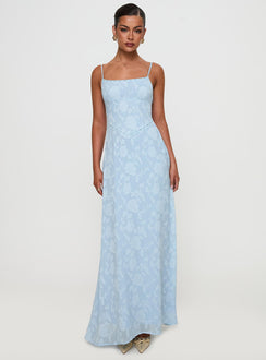front view of model wearing Princess Polly South Of France Maxi Dress Blue Square Neck 