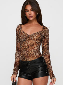 side view of model wearing Princess Polly Elixia Long Sleeve Bodysuit Leopard Long Sleeve Tops 