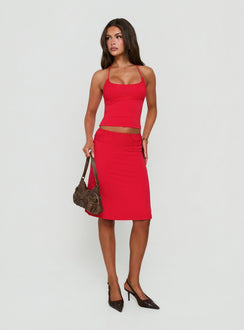 Zenaide Lace Detail Midi Skirt Red
