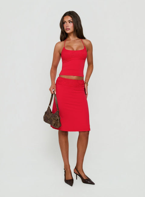 Zenaide Lace Detail Midi Skirt Red