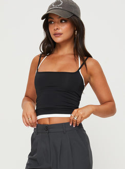 Front view of model wearing  front Princess Polly Sleeveless Square Neck  Premier Layered Tank Top Black
