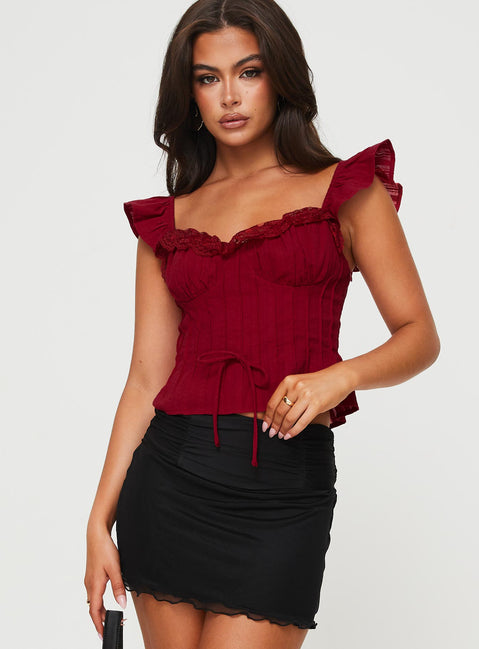 front view of model wearing Princess Polly Mylan Top Burgundy Short Sleeves Sweetheart 