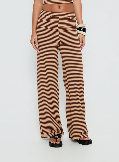 back view of model wearing Princess Polly Timora Pants Brown Stripe Mid Rise Pants 