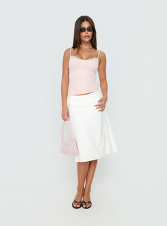 Showcasing the Such Delight Linen Midi Skirt in white for womens-skirts, designed with a fitted aline silhouette Princess Polly