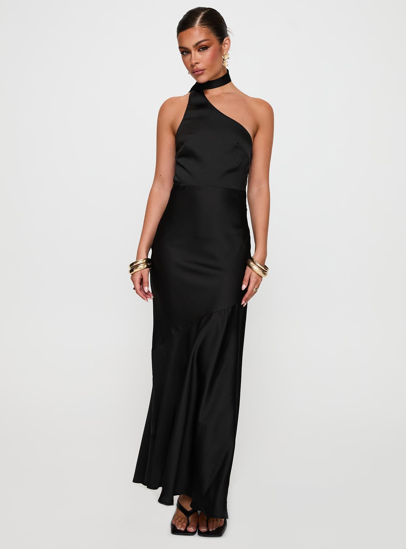 front view of model wearing Princess Polly Elixaire Scarf Maxi Dress Black Asymmetric Neckline 