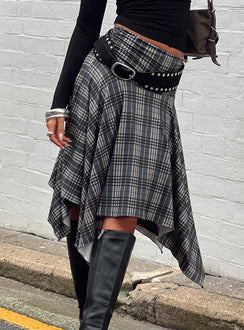   side view of model wearing Princess Polly Scholar Asymmetrical Midi Skirt Grey Check Midi Skirts 