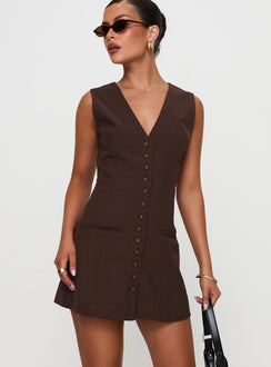 back view of model wearing Princess Polly Laire Mini Dress Chocolate V-Neck 