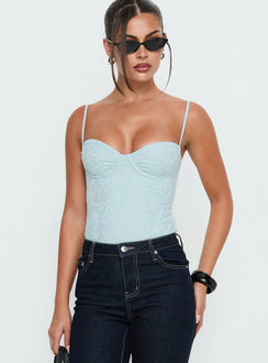 front view of model wearing Princess Polly Alorah Textured Bodysuit Blue Sleeveless 