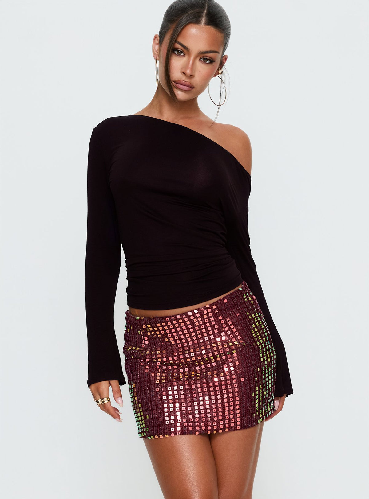   front view of model wearing Princess Polly Zelaia Shimmer Mini Skirt Wine Mini Skirts Skirts 