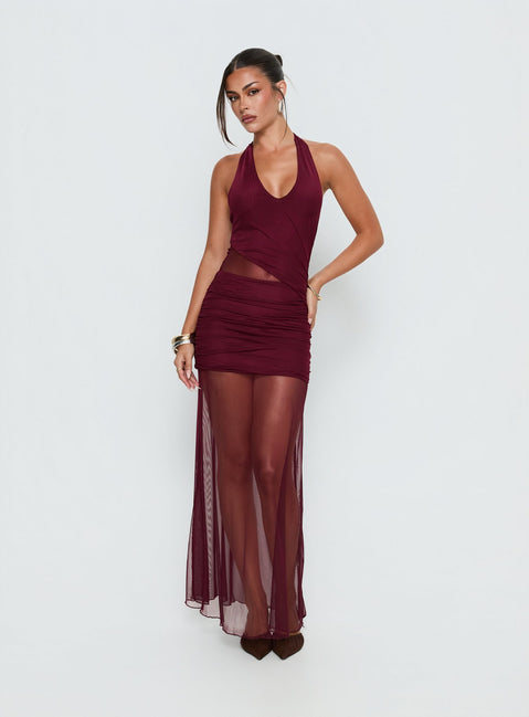Desta Halter Sheer Maxi Dress Burgundy