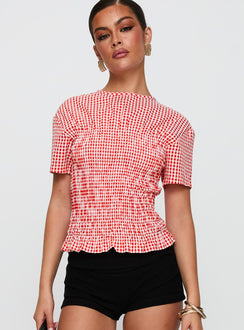 back view of model wearing Princess Polly Maybe Tomorrow Ruched Top Red Check Short Sleeves High Neck 