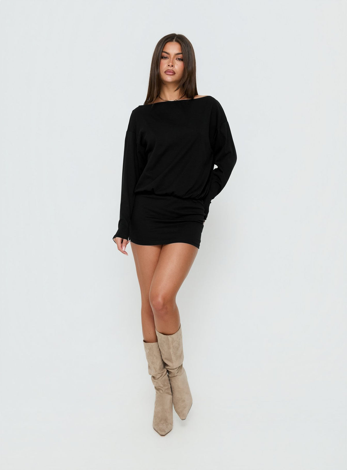 Worlds Away Long Sleeve Blouson Mini Dress Black