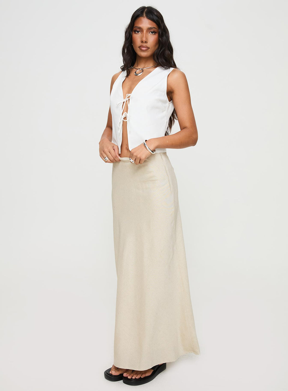 back view of model wearing Princess Polly All In Maxi Skirt Beige Maxi 