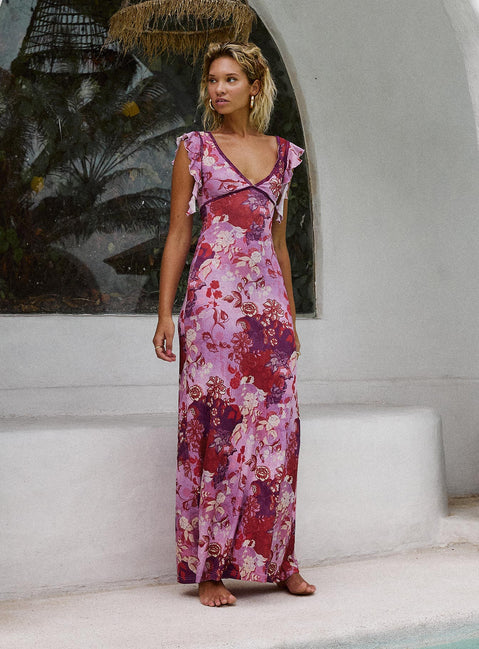 front view of model wearing Princess Polly Soleila Maxi Dress Purple Multi Petite V-Neck 
