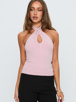 front view of model wearing Princess Polly Glorious Studded Twist Neck Top Pink Sleeveless 