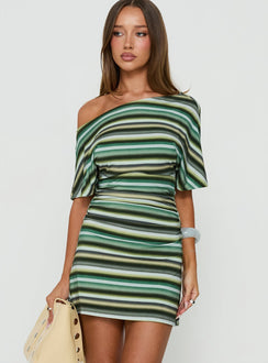 Mista Off Shoulder Asymmetrical Mini Dress Blue Multi Stripe