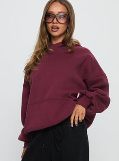 front view of model wearing Princess Polly Kisses Graphic Hoodie Wine Longline Jumpers Jumpers 