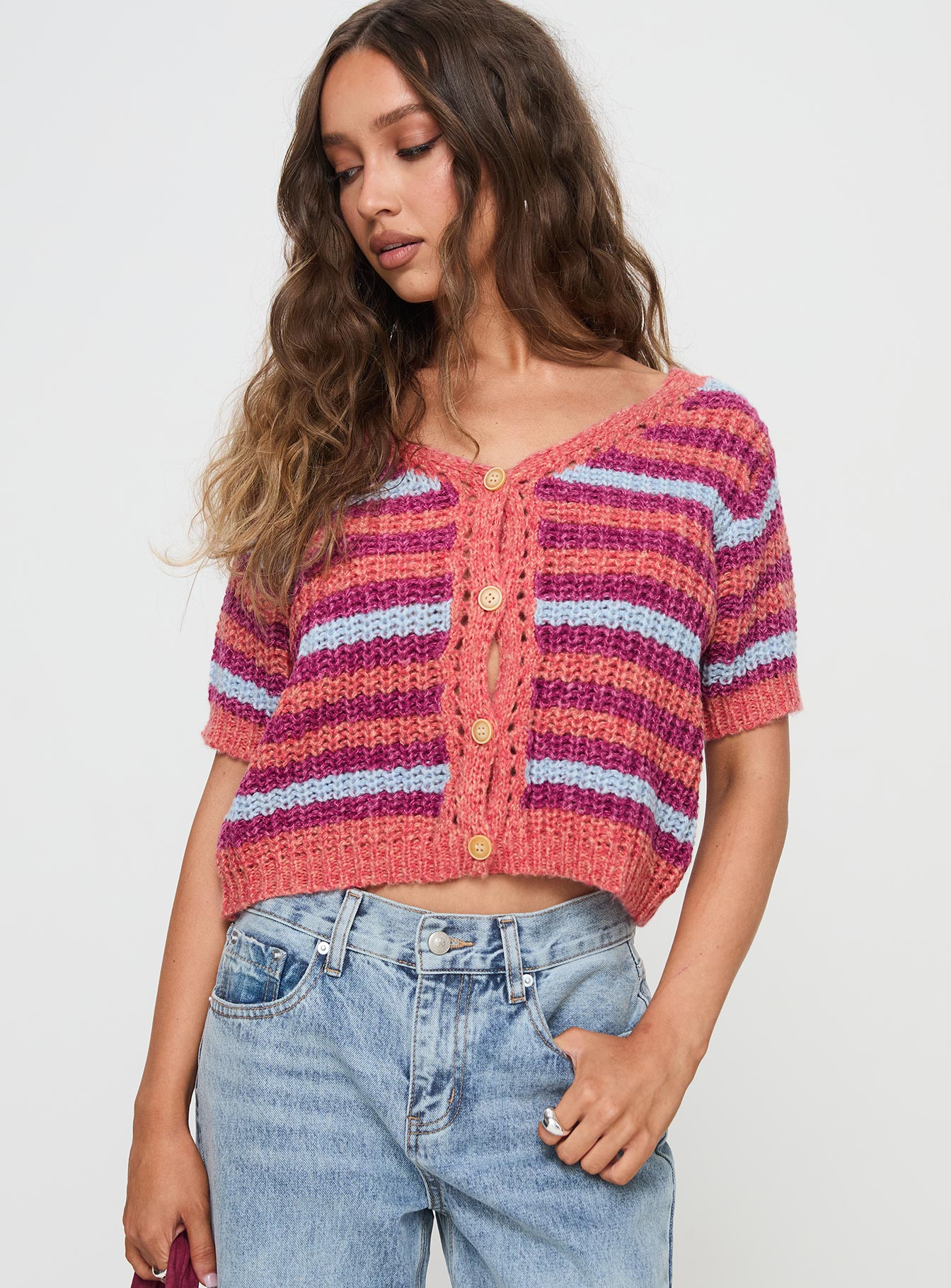 back view of model wearing Princess Polly Compassion Knit Cardigan Multi Cropped Jumpers 