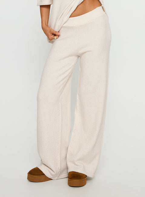 side view of model wearing Princess Polly Bekki Wide Leg Knit Pant Oat High Rise Pants Pants 