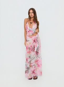 back view of model wearing Princess Polly Karzi Chiffon Maxi Skirt Pink Floral Maxi Skirts 