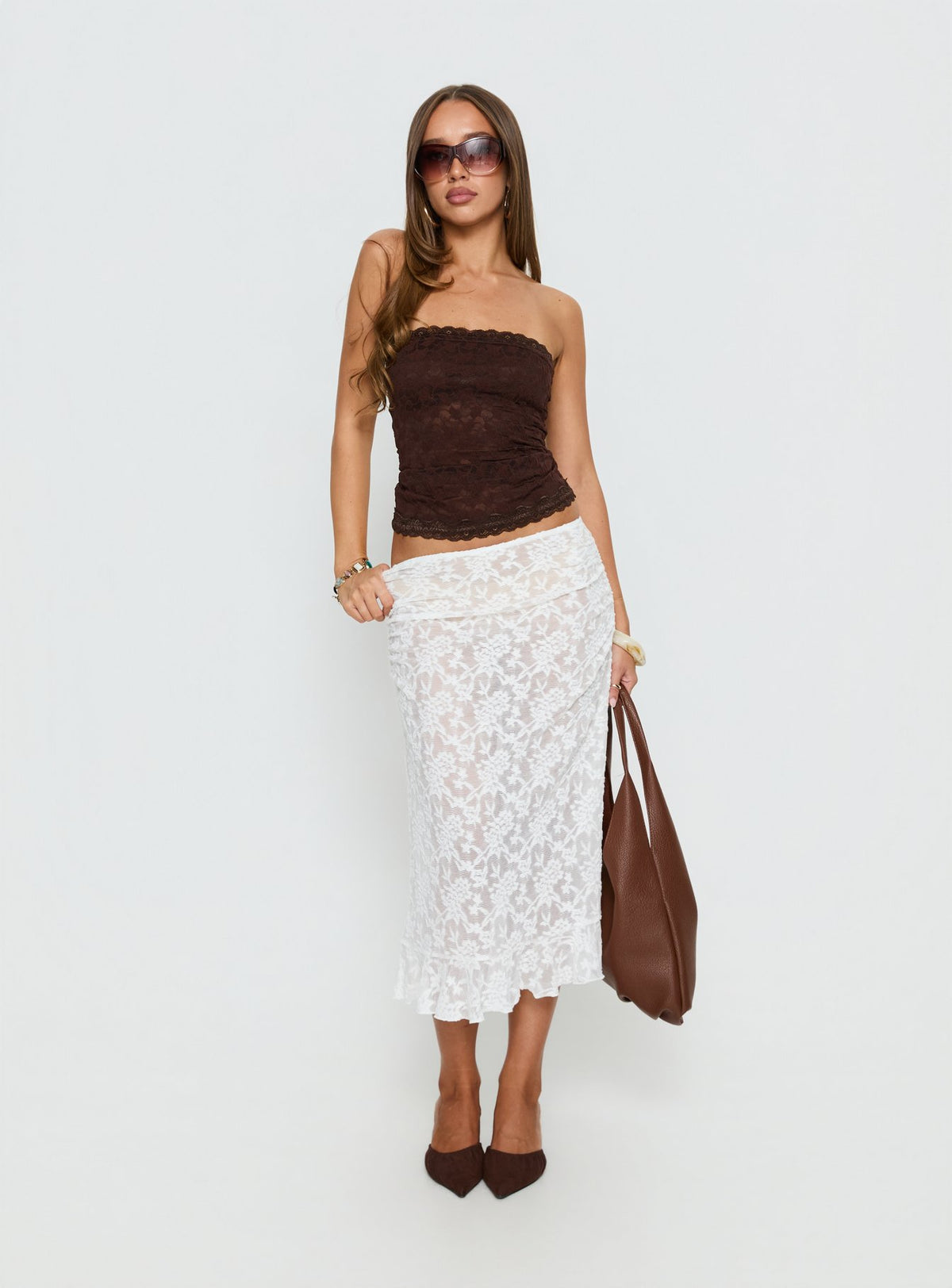back view of model wearing Princess Polly Toscani Lace Frill Midi Skirt White Midi Skirts 