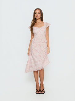   front view of model wearing Princess Polly Avaline Asymmetrical Midi Skirt Pink 
