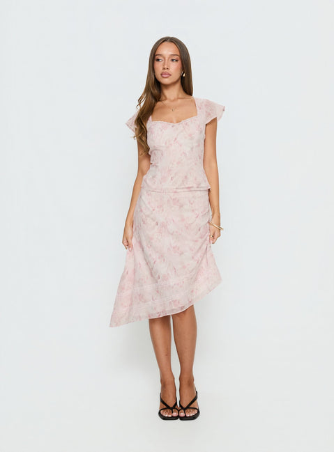   front view of model wearing Princess Polly Avaline Asymmetrical Midi Skirt Pink 