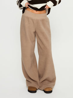 back view of model wearing Princess Polly Siberia Fleece Track Pant Light Brown High Rise Pants 