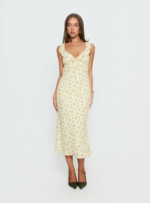 Leabelle Frill V Neck Maxi Dress Yellow Floral