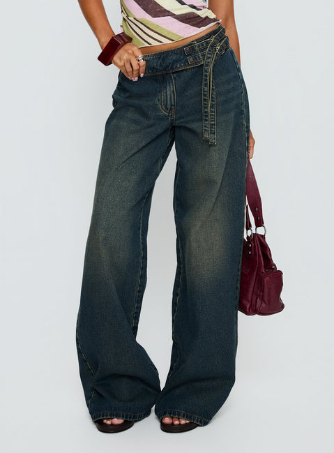 side view of model wearing Princess Polly Boxie Mid Rise Wide Leg Jeans Vintage Wash Mid Rise Jeans 