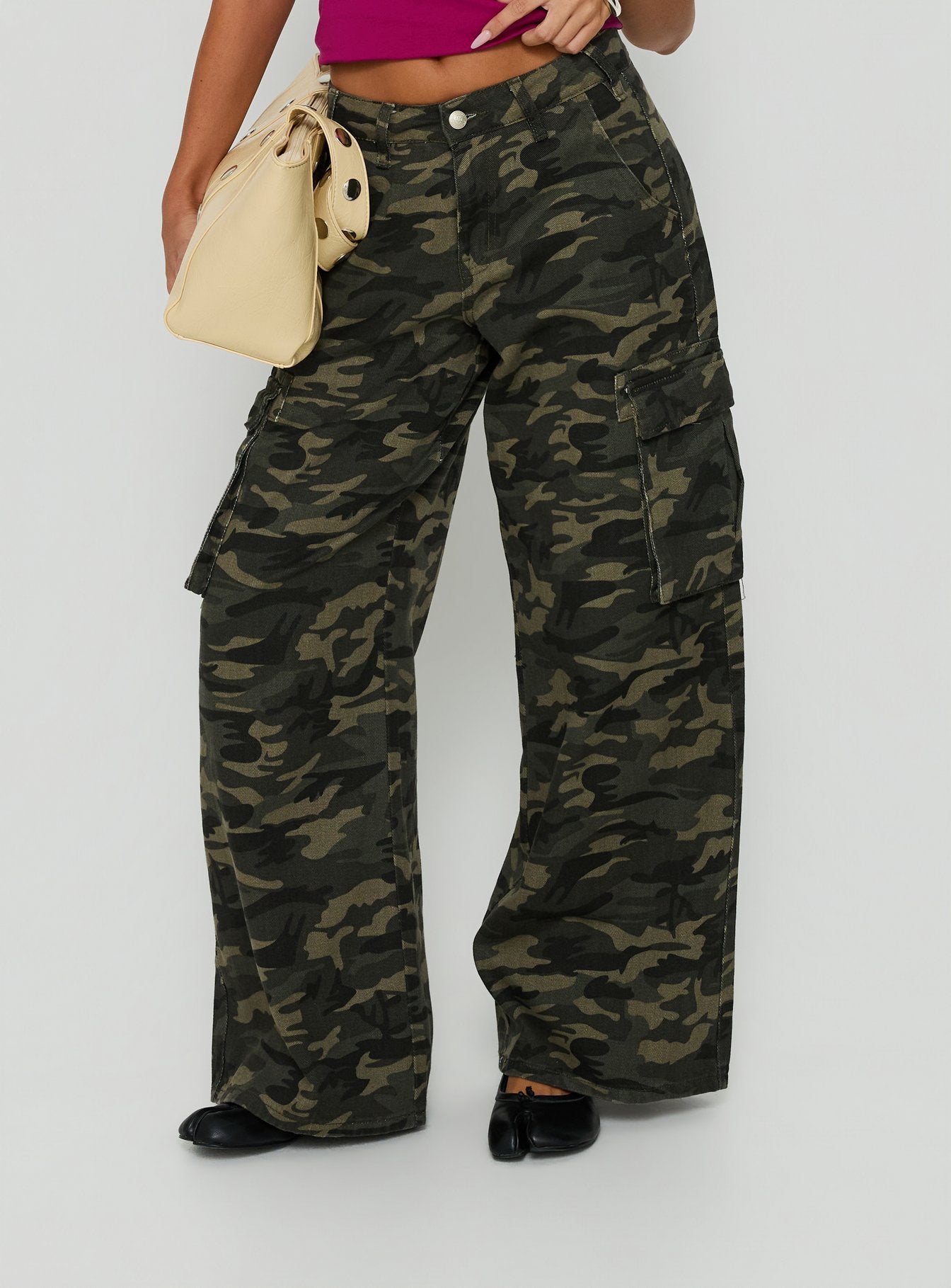 Featuring Hudsen Cargo Pants Camo womens-regular-pants with mid-rise detail view of model wearing