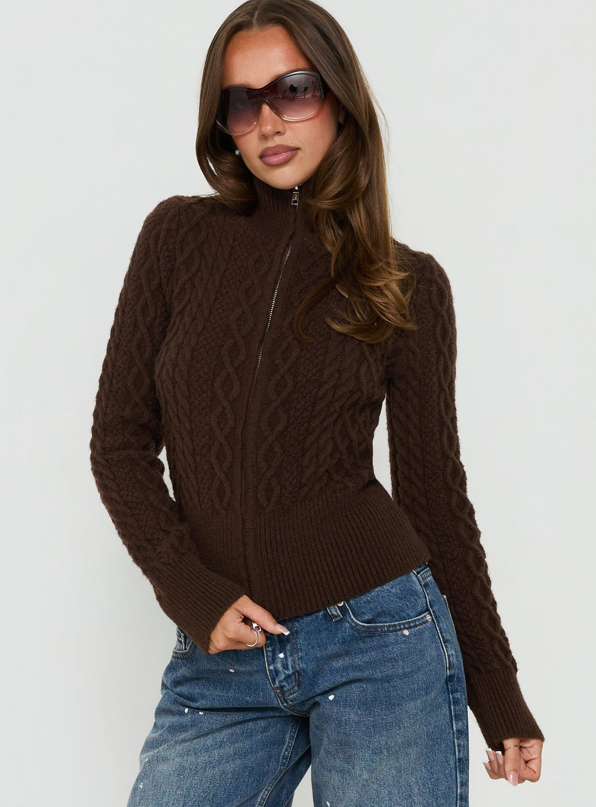 Arletta Cable Knit Zip Through Sweater Brown