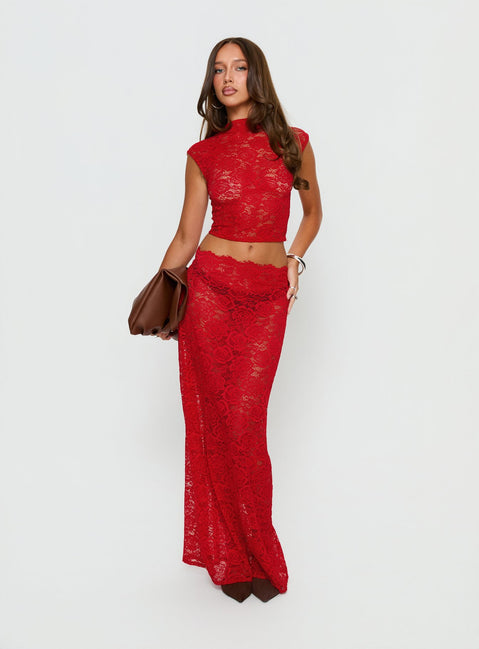   front view of model wearing Princess Polly Vionna Lace Maxi Skirt Red Maxi Skirts 