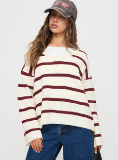 front view of model wearing Princess Polly Forte Knit Sweater Red / Cream Longline Jumpers Jumpers 