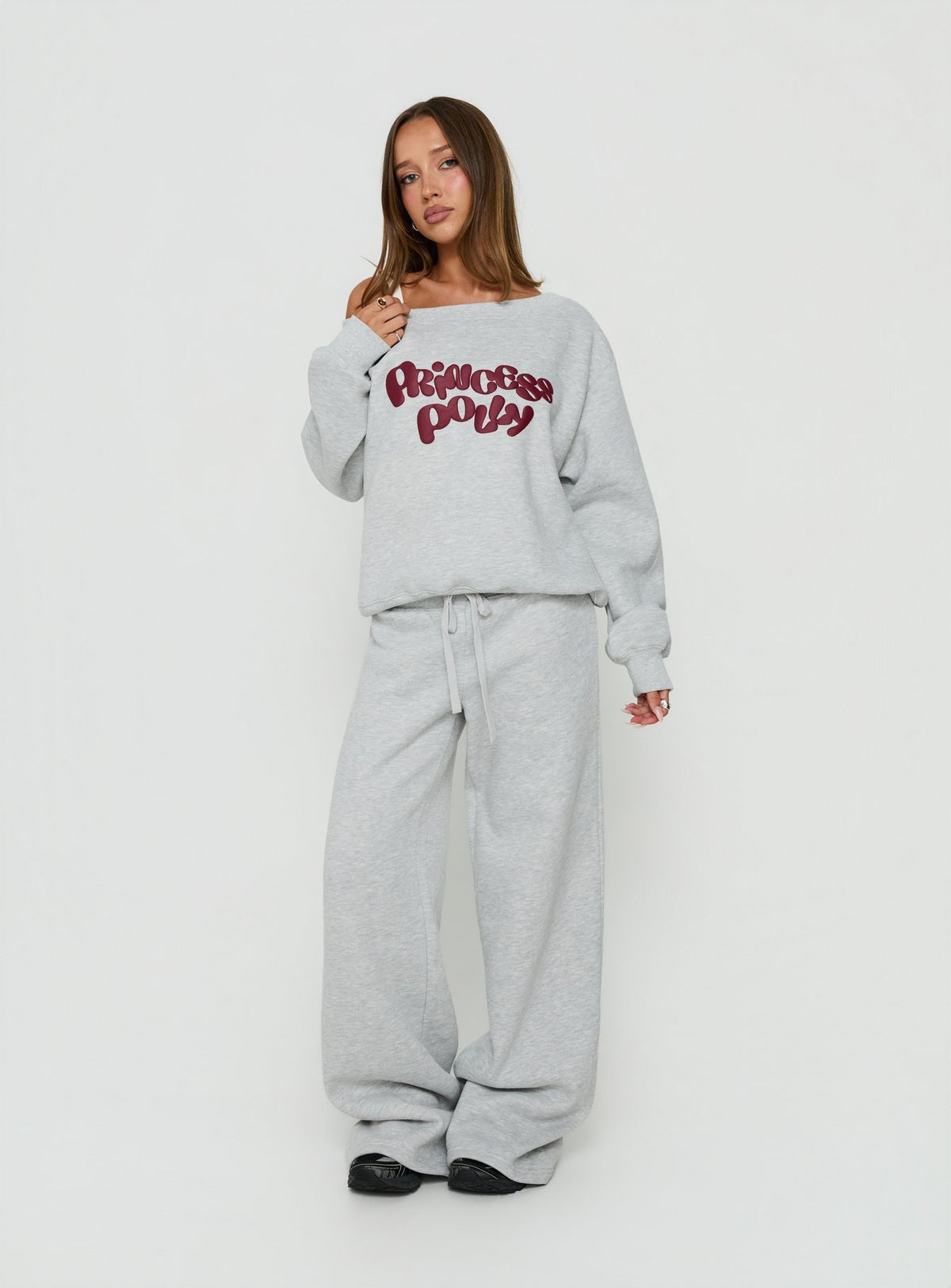 Aaleah Off Shoulder Fleece Jumper Grey