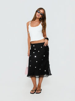   side view of model wearing Princess Polly Kessiah Sequin Midi Skirt Black Midi Skirts 