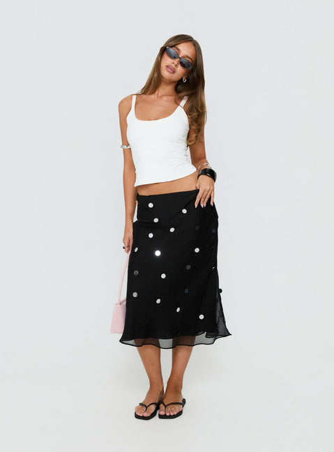   side view of model wearing Princess Polly Kessiah Sequin Midi Skirt Black Midi Skirts 