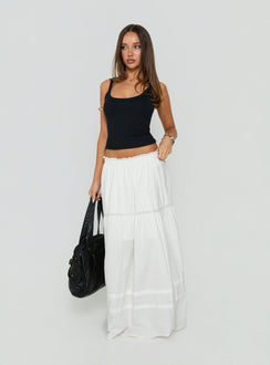 Showcasing the Meanna Tiered Maxi Skirt White in womens-skirts with maxi length front view of model wearing Princess Polly