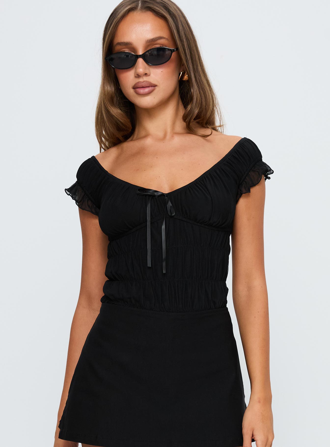 back view of model wearing Princess Polly Ahead Of Myself Off Shoulder Bodysuit Black Short Sleeves 