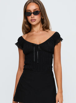 back view of model wearing Princess Polly Ahead Of Myself Off Shoulder Bodysuit Black Short Sleeves 
